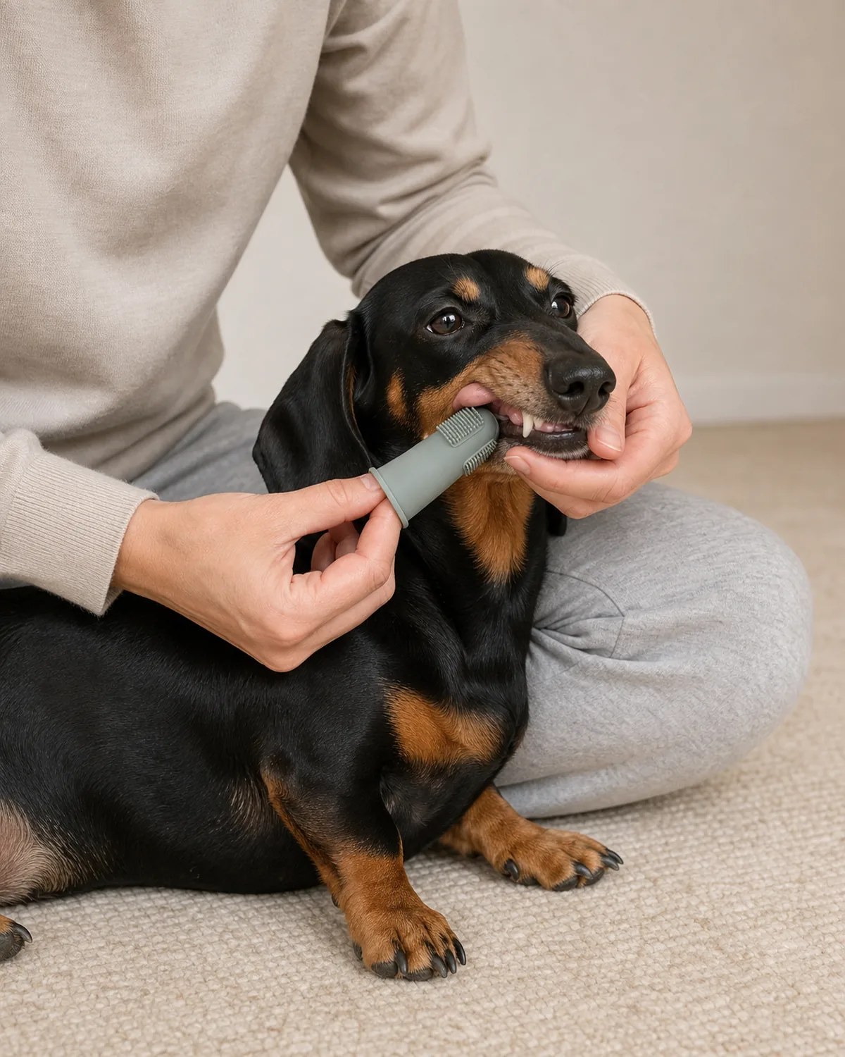 A small dog with a very long low body, very short legs, a smooth black-and-tan coat and long floppy ears resting against an owner who sits cross-legged on the floor, gently lifting the lip to brush, soft warm daylight