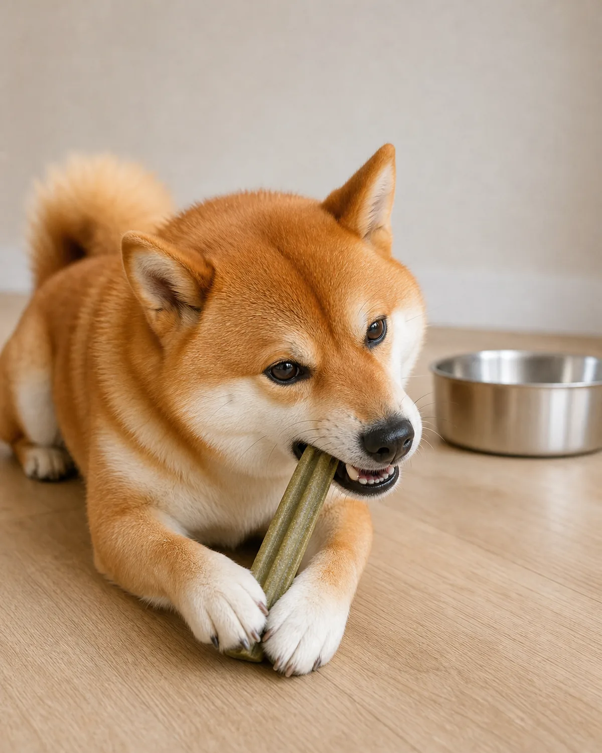 A small compact dog with a thick orange-red double coat and white underside, erect ears, a curled tail and a fox-like face chewing a plain unbranded dental chew beside a plain water bowl, soft warm daylight