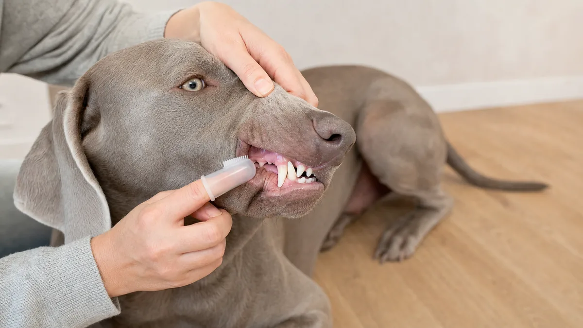 A large sleek dog with a solid silver-grey short coat, floppy ears, pale eyes and an athletic build sitting calmly while an owner gently lifts the lip with one palm-up hand and holds a plain silicone finger brush near the front teeth, on a plain neutral wood floor in soft warm daylight