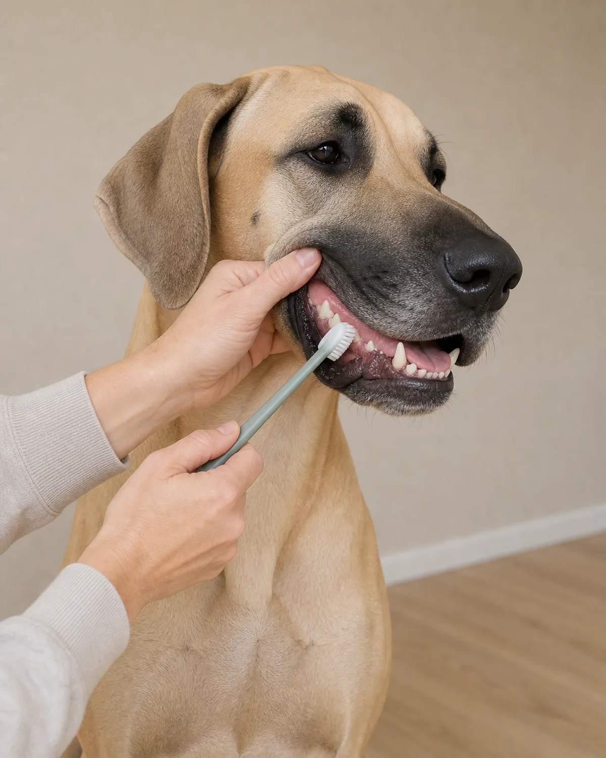 A very tall lean giant dog with a short fawn coat, long legs and neck and floppy ears holding still while an owner brushes the outer tooth surfaces at a 45-degree angle to the gumline with light pressure, soft warm daylight