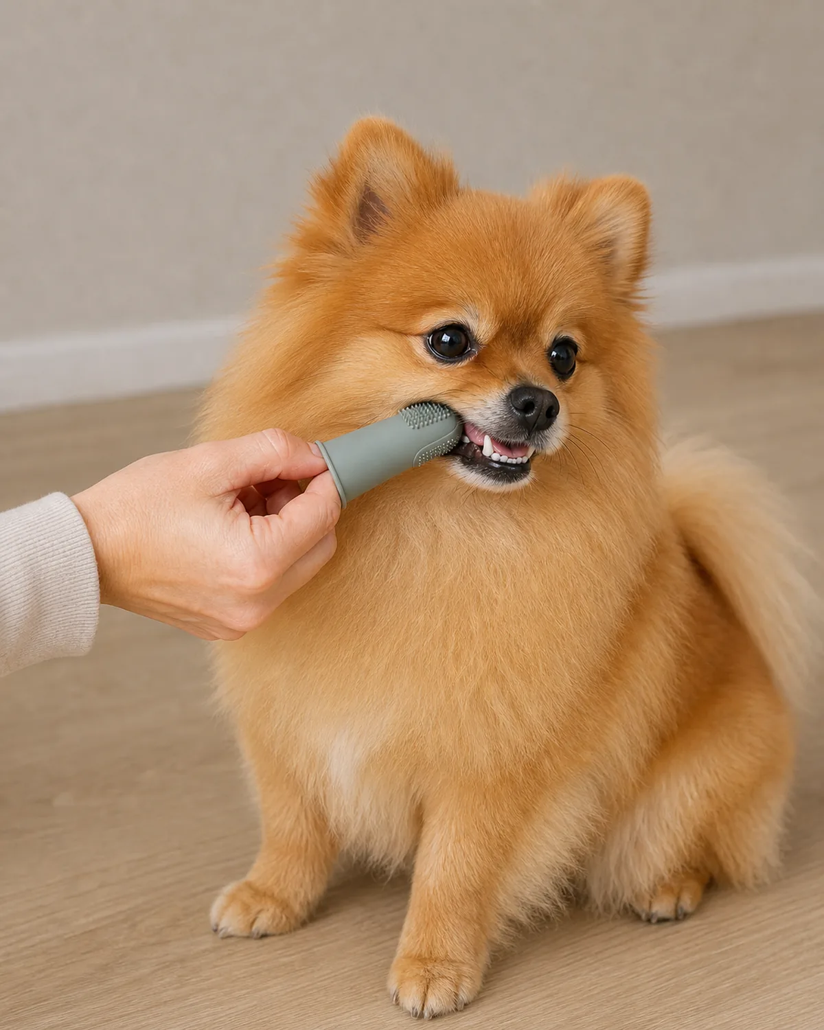 A tiny dog with a profuse fluffy orange double coat, a foxy face, small erect ears and a plumed tail curled over the back getting a quick brush from an owner, soft warm daylight