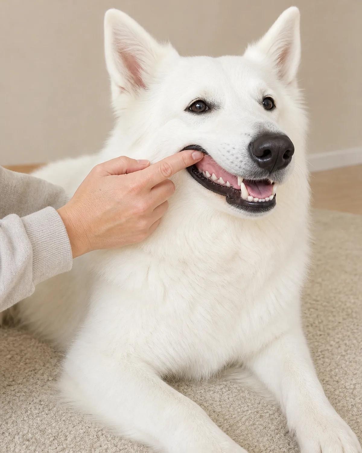 A large dog with a thick stand-off pure-white double coat, erect ears and an upturned smiling mouth staying relaxed while an owner gently touches the lip and gumline with a bare fingertip, no brush in sight, soft warm daylight