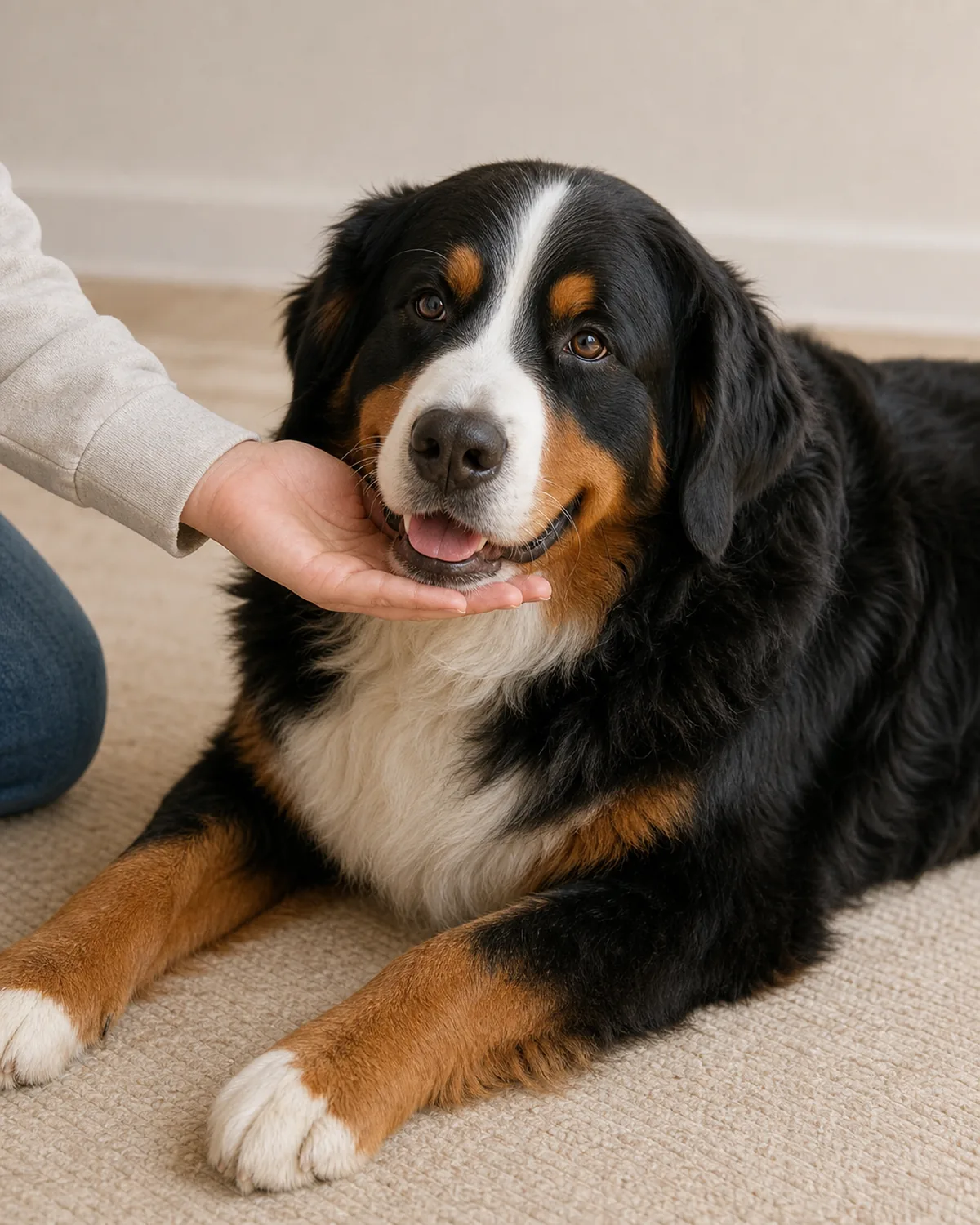 A large sturdy dog with a thick tricolor coat of black body, rust eyebrows and legs, and a white chest blaze, with floppy ears, staying relaxed while an owner crouches palm-up in a gentle non-restraining pose, soft warm daylight