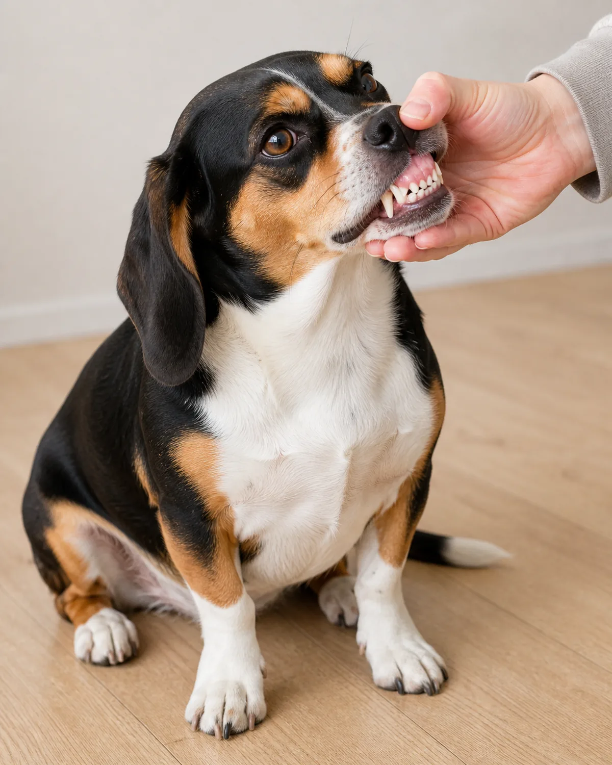 A small sturdy tricolor black, white and tan short-coated hound with long low-set floppy ears standing calmly while an owner gently lifts the upper lip to inspect the gumline, soft warm daylight
