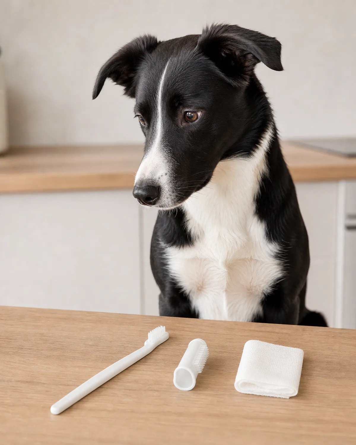 A medium athletic dog with a black-and-white coat featuring a white blaze, collar and chest, and semi-erect ears looking curiously at a plain countertop holding a dog toothbrush, a silicone finger brush, and a roll of gauze, soft warm daylight