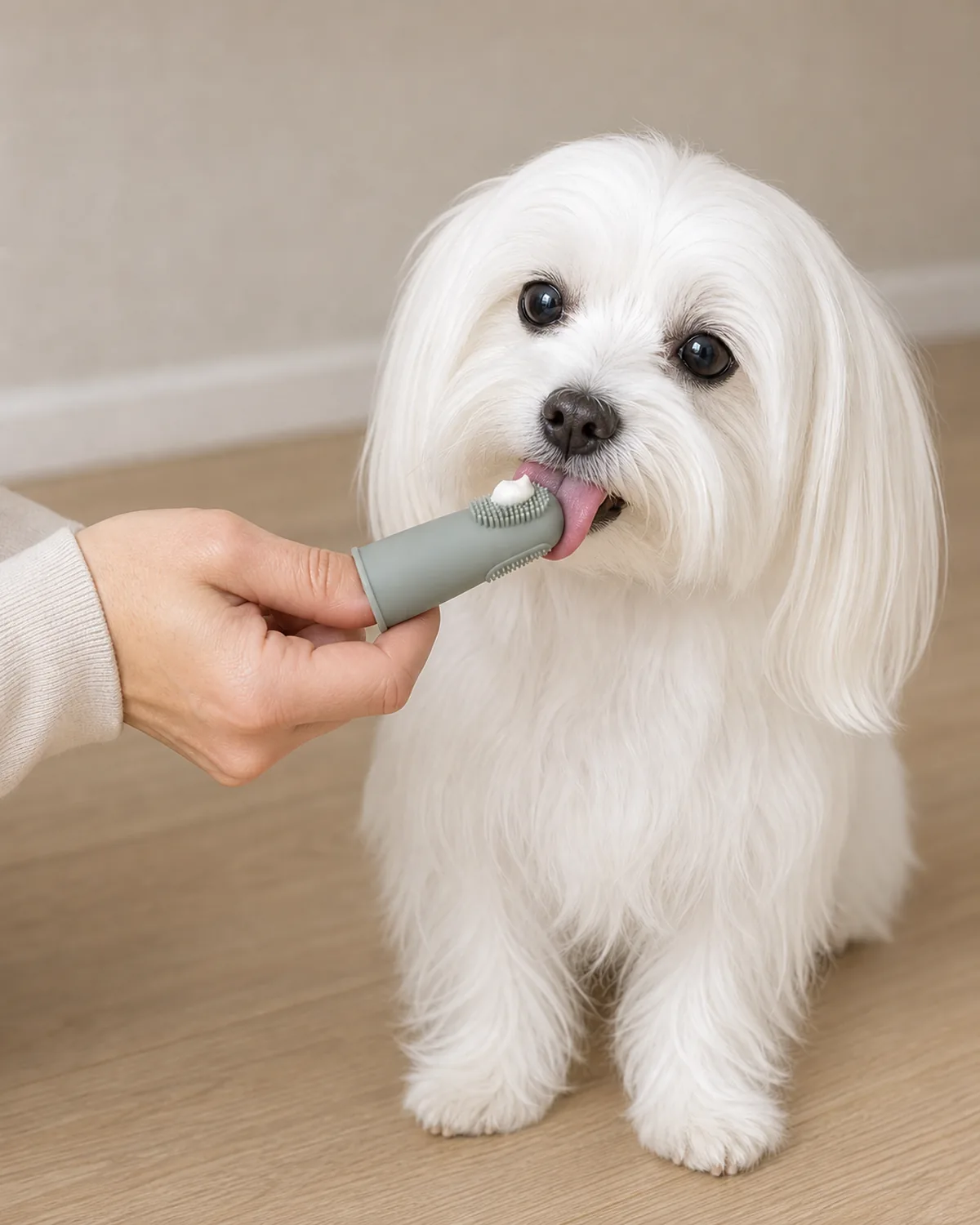 A tiny dog with a long straight silky pure-white coat, floppy ears and dark round eyes happily licking enzymatic dog paste off a finger brush, soft warm daylight