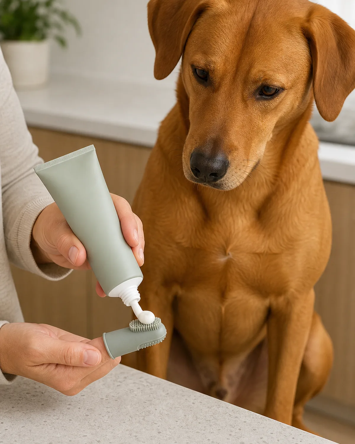 A medium-large sleek dog with a uniform rusty golden-brown short coat, floppy ears and a lean athletic frame watching an owner squeeze enzymatic dog paste from a plain unbranded tube onto a finger brush, soft warm daylight