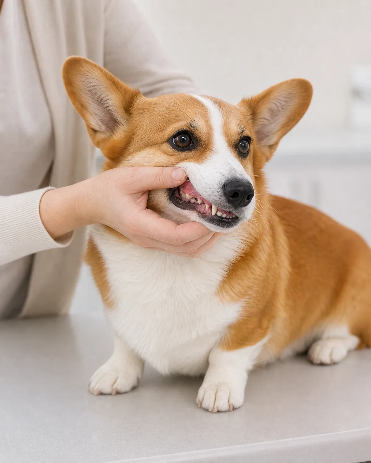 A small dog with very short legs, a long low body, a red-and-white coat, oversized erect ears and a foxy face being gently held and examined on a clean clinic table, calm and unstressed, soft warm light