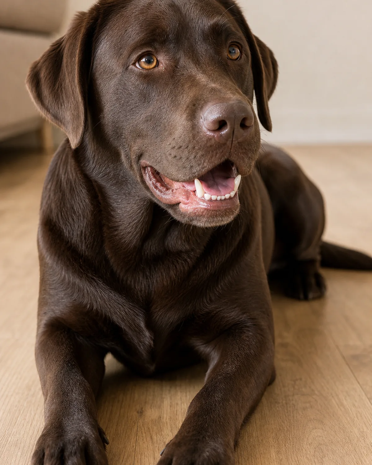 A large solid chocolate-brown short-coated dog with floppy ears and an athletic build relaxed with its mouth slightly open showing clean teeth, on a plain neutral floor in soft warm home daylight
