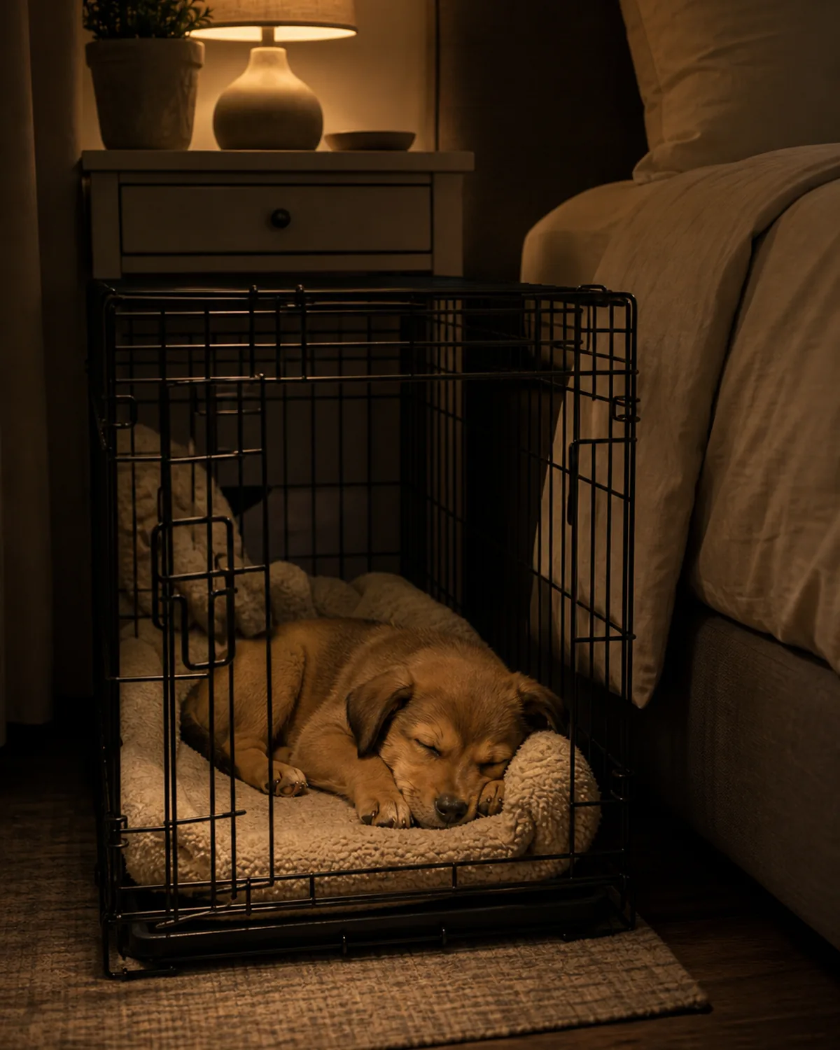 A puppy sleeping calmly in a crate placed beside a bed in a dim bedroom at night, warm low lamp glow, the crate close enough to the bed that the puppy feels company