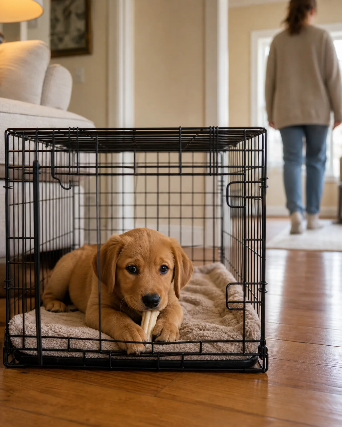 A relaxed puppy settled in a closed crate chewing a plain chew toy with a person walking away in the soft-focus background of the room, warm daylight