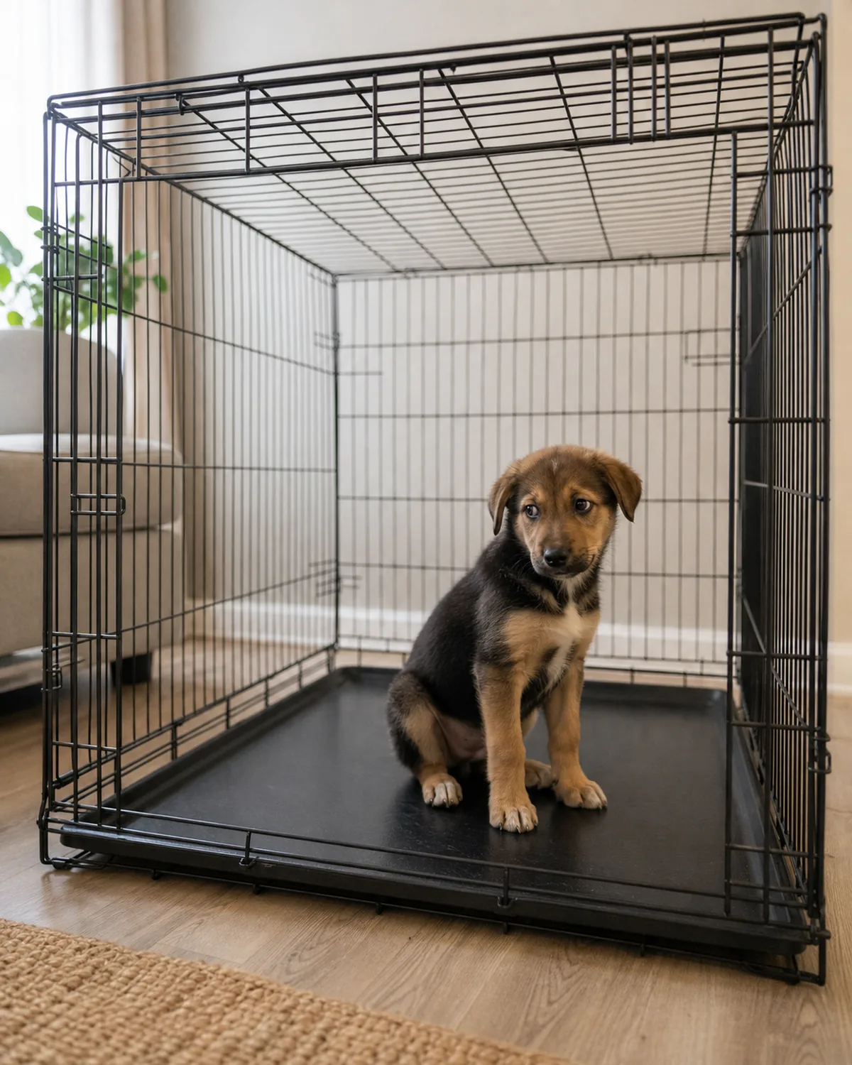 A slightly uneasy puppy in a crate that is clearly far too large and bare with no blanket, illustrating a setup mistake, neutral room, soft daylight