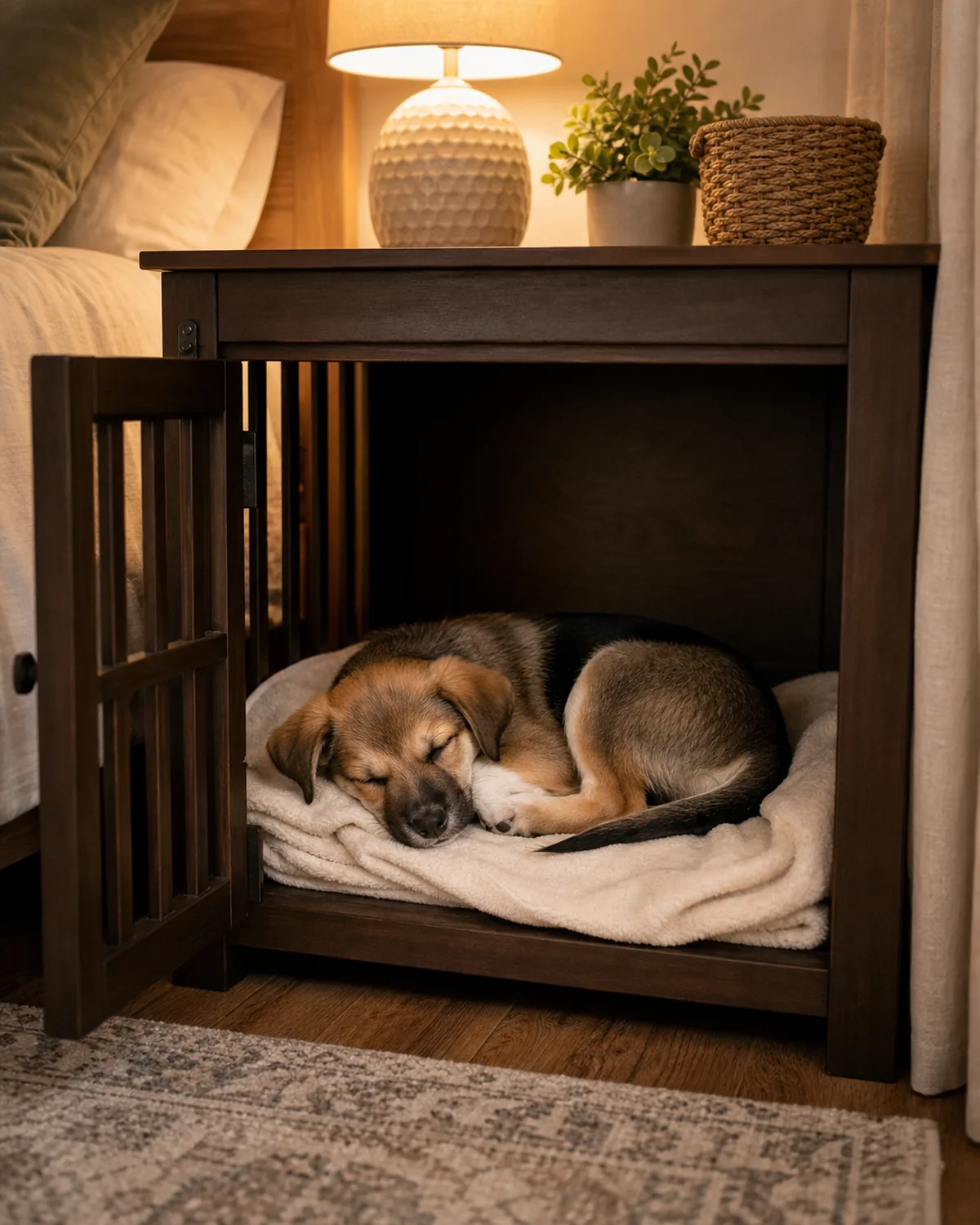 A puppy curled up sleeping peacefully on the blanket inside an open crate, looking secure and cozy like it's in its own little den, warm lamp light, calm bedroom corner