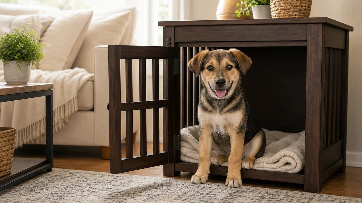 A relaxed happy puppy sitting at the open doorway of a cozy crate-den with a soft blanket, in a bright living room