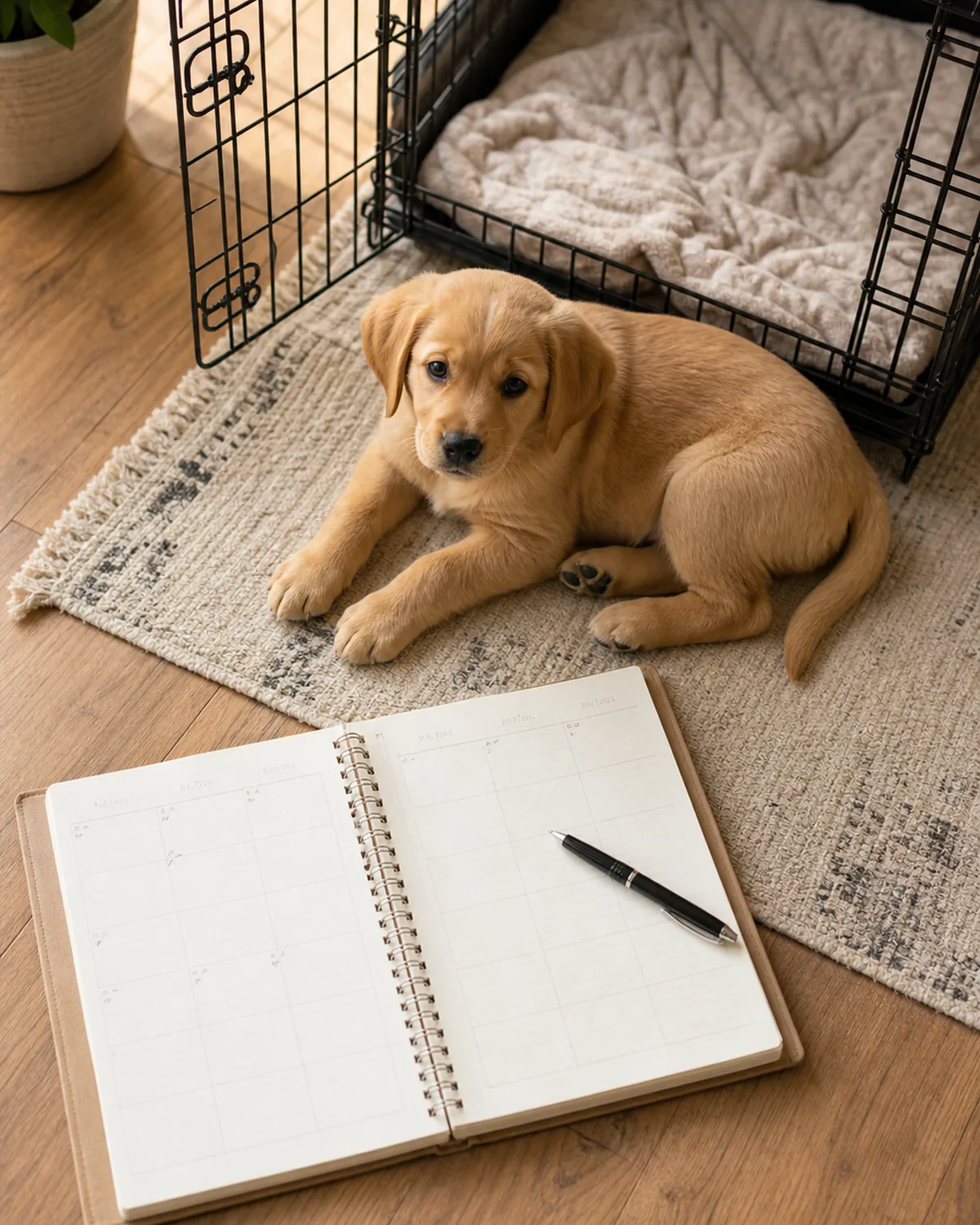 A tidy overhead lifestyle scene of a puppy resting by its open crate next to a simple paper day-planner notebook and a pen on the floor, soft daylight, suggesting a daily schedule