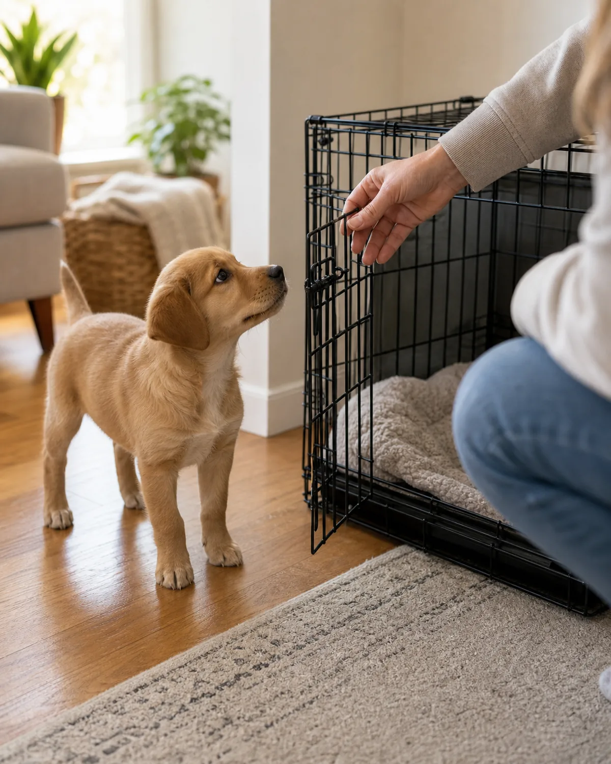 A puppy standing and looking up alertly at the open crate door as if ready for a break, a person crouching to open it, bright room, a time's up release mood