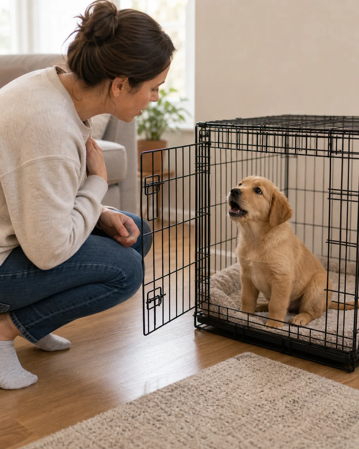 A person crouching calmly beside a crate speaking softly to reassure a puppy that is whining at the door with ears back but not terrified, gentle daytime light
