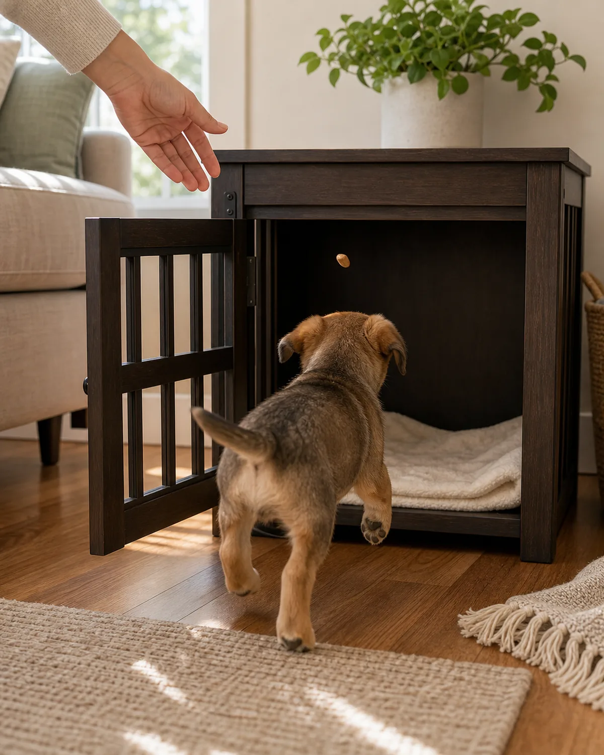 A person's hand tossing a small treat into an open crate while a curious puppy trots in after it happily, bright living room