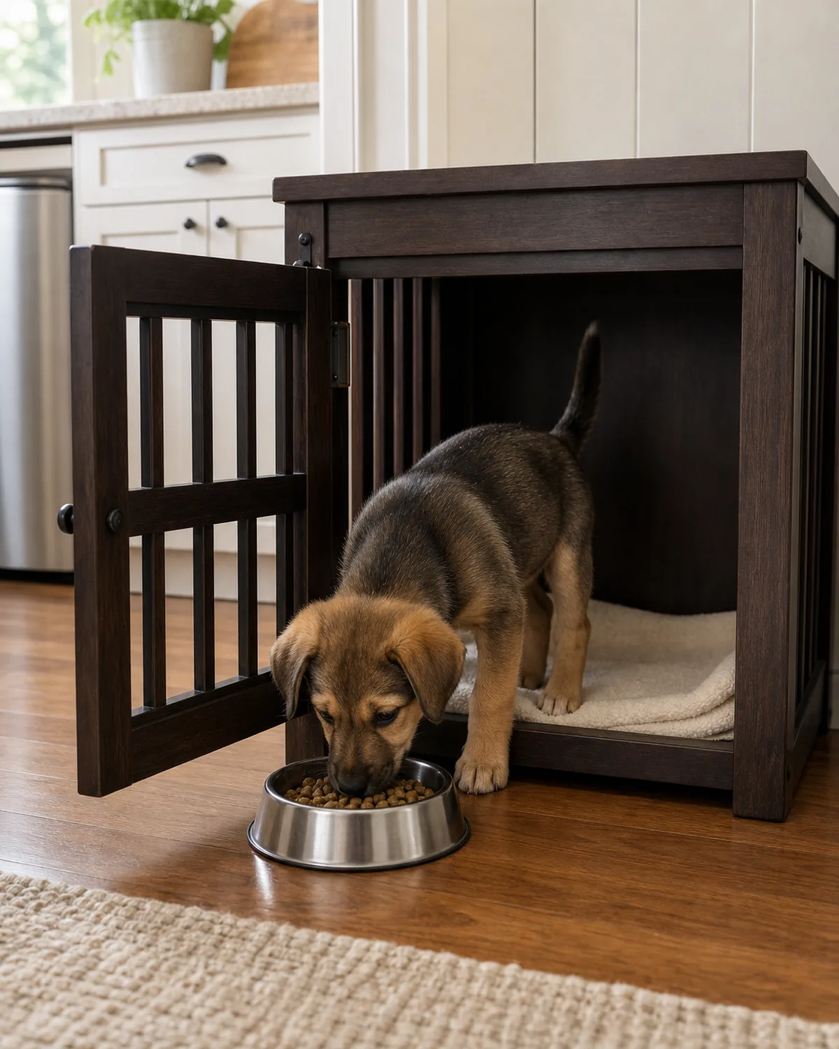 A puppy eating from a plain bowl placed just at the open doorway of the crate, door wide open, relaxed, soft daylight in a kitchen corner