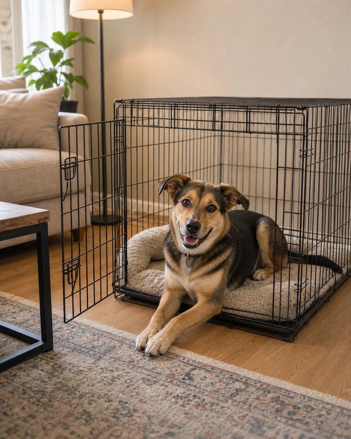 A grown-up young dog resting calmly and voluntarily in its open crate in a relaxed living room, fully at ease with it as a chosen spot, warm daylight, a long-term happy result