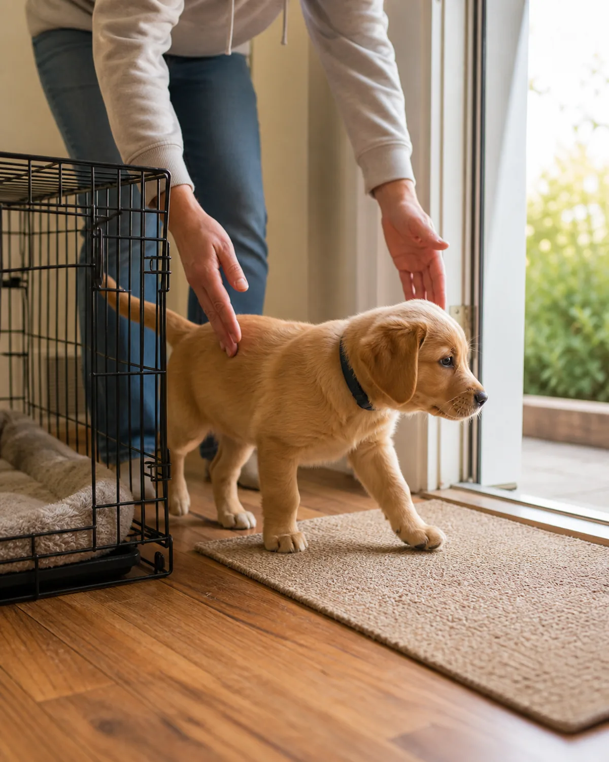 A puppy being walked straight from the open crate toward a door to go outside to potty, a person's hands gently guiding it, morning light, the crate-then-potty routine
