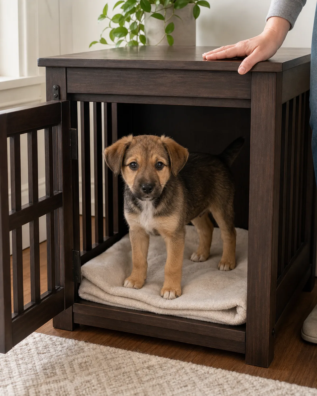 A puppy standing comfortably inside an appropriately sized open crate with just enough room to stand and turn around, a person's hand resting on the crate frame for scale, bright room