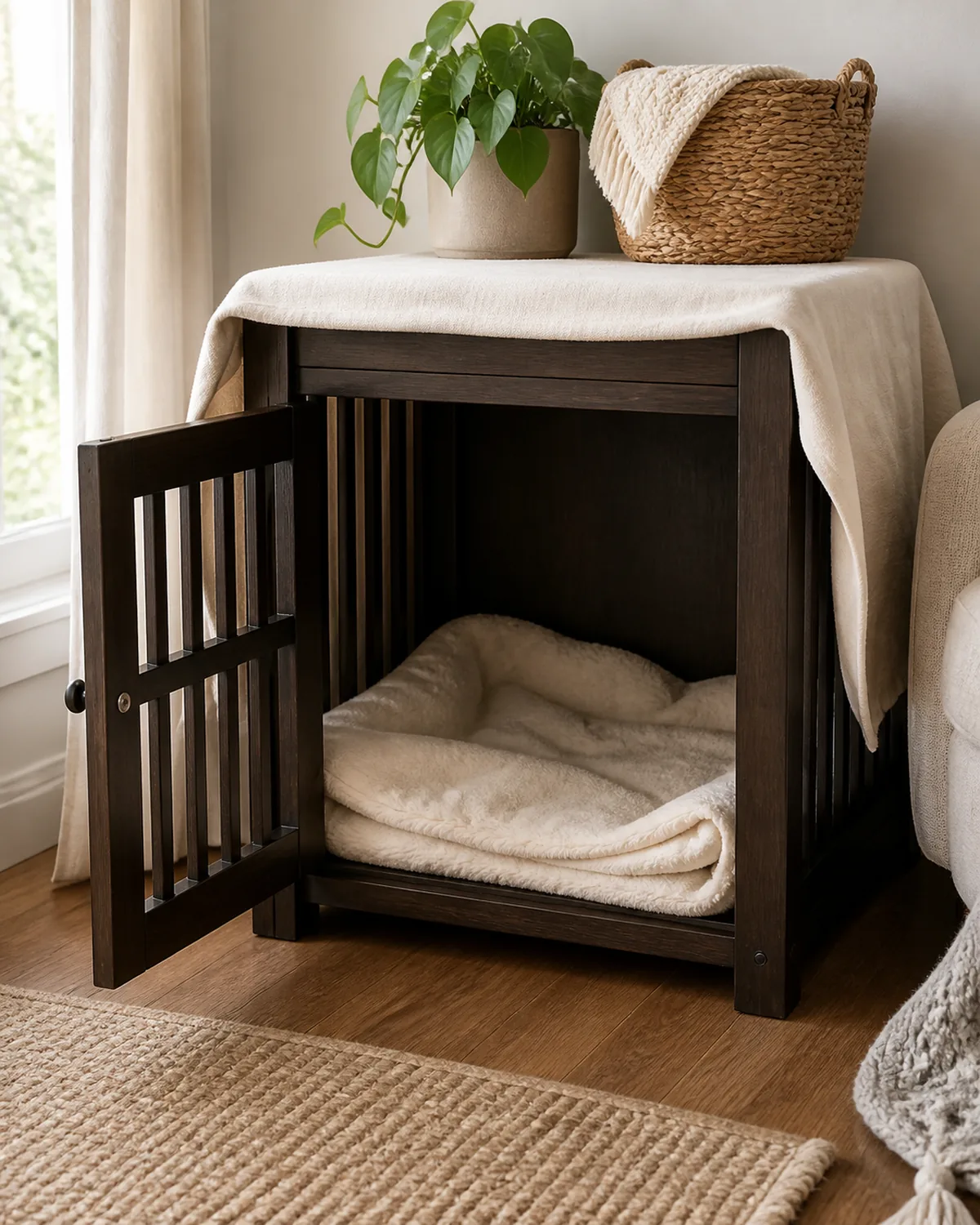 A nicely set up empty open crate with a soft blanket inside and a light cloth draped partly over the top to make it den-like, placed in a quiet corner, soft daylight, no puppy