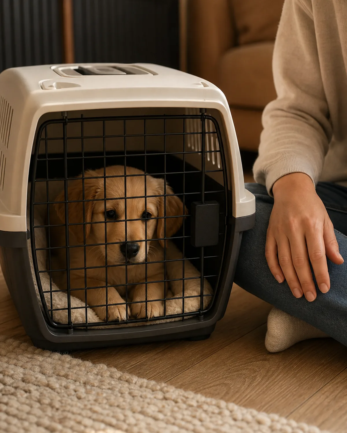 A calm puppy resting inside a crate with the door just closed while a person sits nearby on the floor staying with the puppy for reassurance, warm soft light
