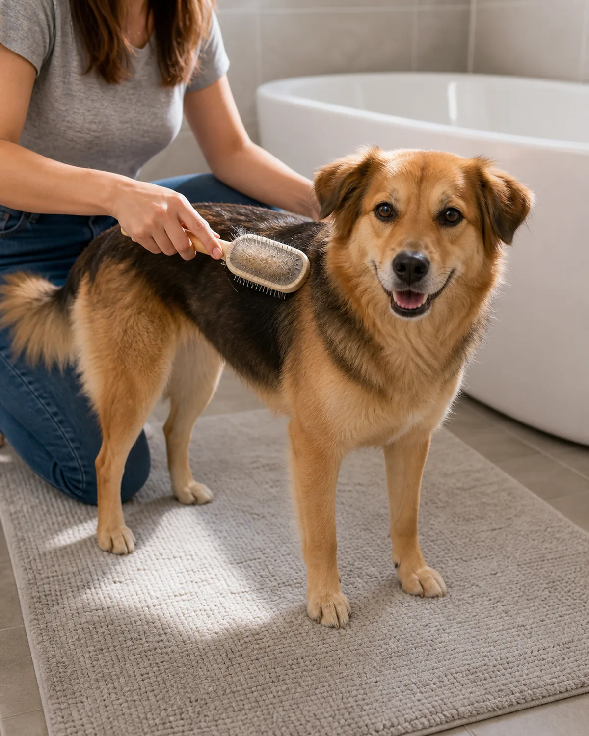 A person gently brushing a calm dry dog standing on a bath mat in a bathroom, an empty bathtub visible just behind, the coat dry and not yet wet, a few loose hairs on the brush