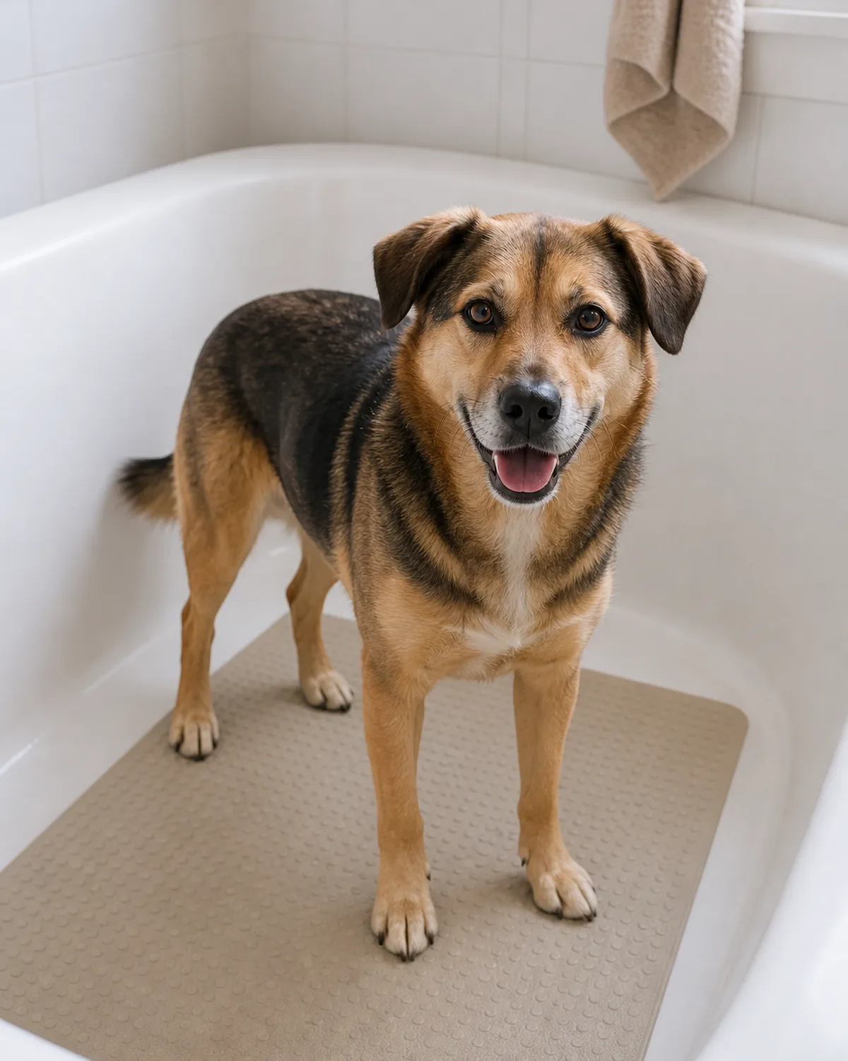 A medium dog standing calmly inside an empty dry home bathtub on a non-slip rubber mat, looking steady and comfortable on the grippy surface, bright bathroom, no water yet