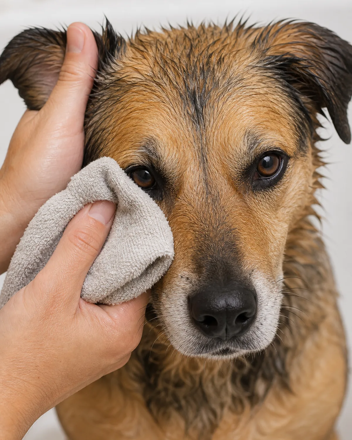 A person gently wiping a dog's face and around its eyes with a soft damp washcloth, one hand cupping and shielding an ear to keep water out, close on the calm dog's head, warm light