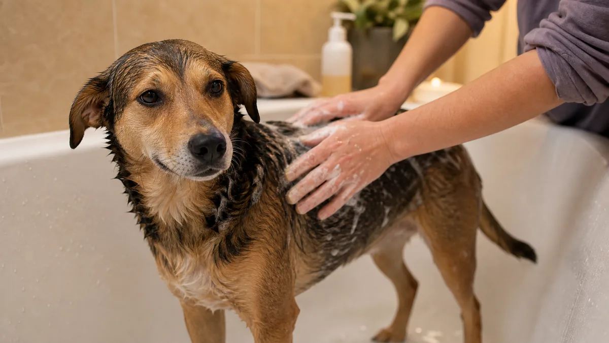 A calm, content medium-size dog standing in a home bathtub being gently bathed, its coat damp, a person's hands softly lathering its back, warm bathroom light, the dog looking relaxed and accepting