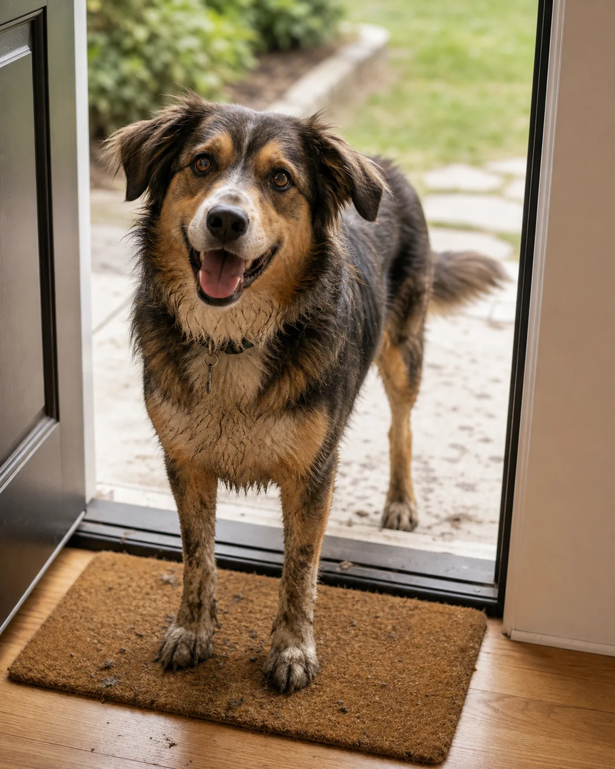 A cheerful dog standing just inside a back door with slightly muddy paws and a dusty coat after playing outside, looking up happily, daylight