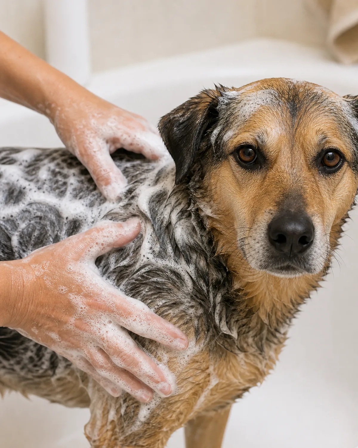 Close view of two gentle hands massaging white shampoo lather and soft suds into the wet back and sides of a calm dog in the tub, foam worked along the coat in the direction of the fur
