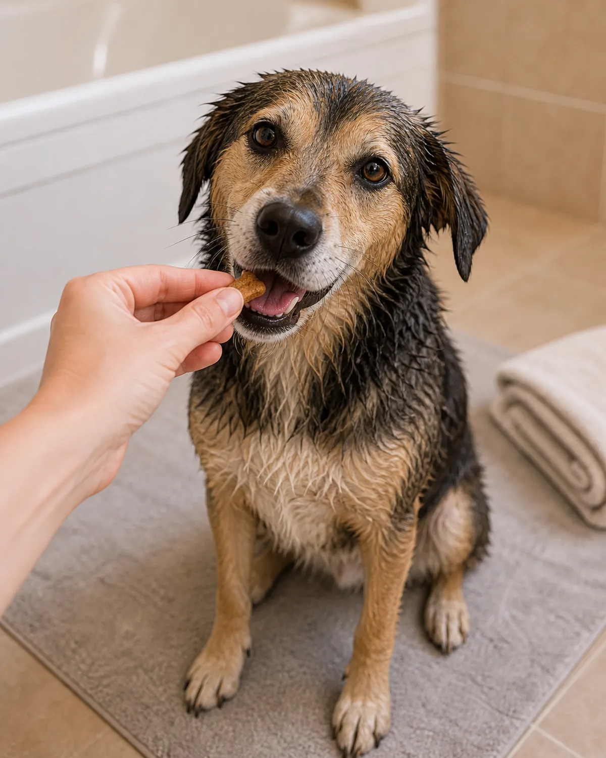A person's hand offering a small treat to a freshly bathed, towel-damp dog that is happily taking it, the dog's expression pleased and calm, a folded towel nearby, warm light
