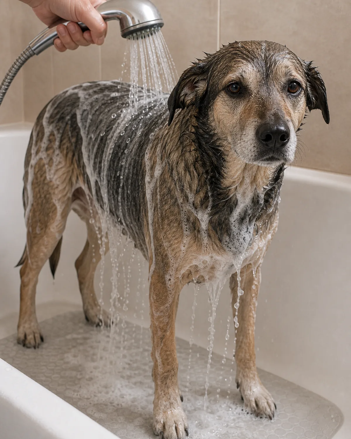 A handheld sprayer rinsing soft white suds off a fully wet dog standing in the tub, foam sliding down its sides and off the belly and legs, the runoff water turning clear, the dog calm