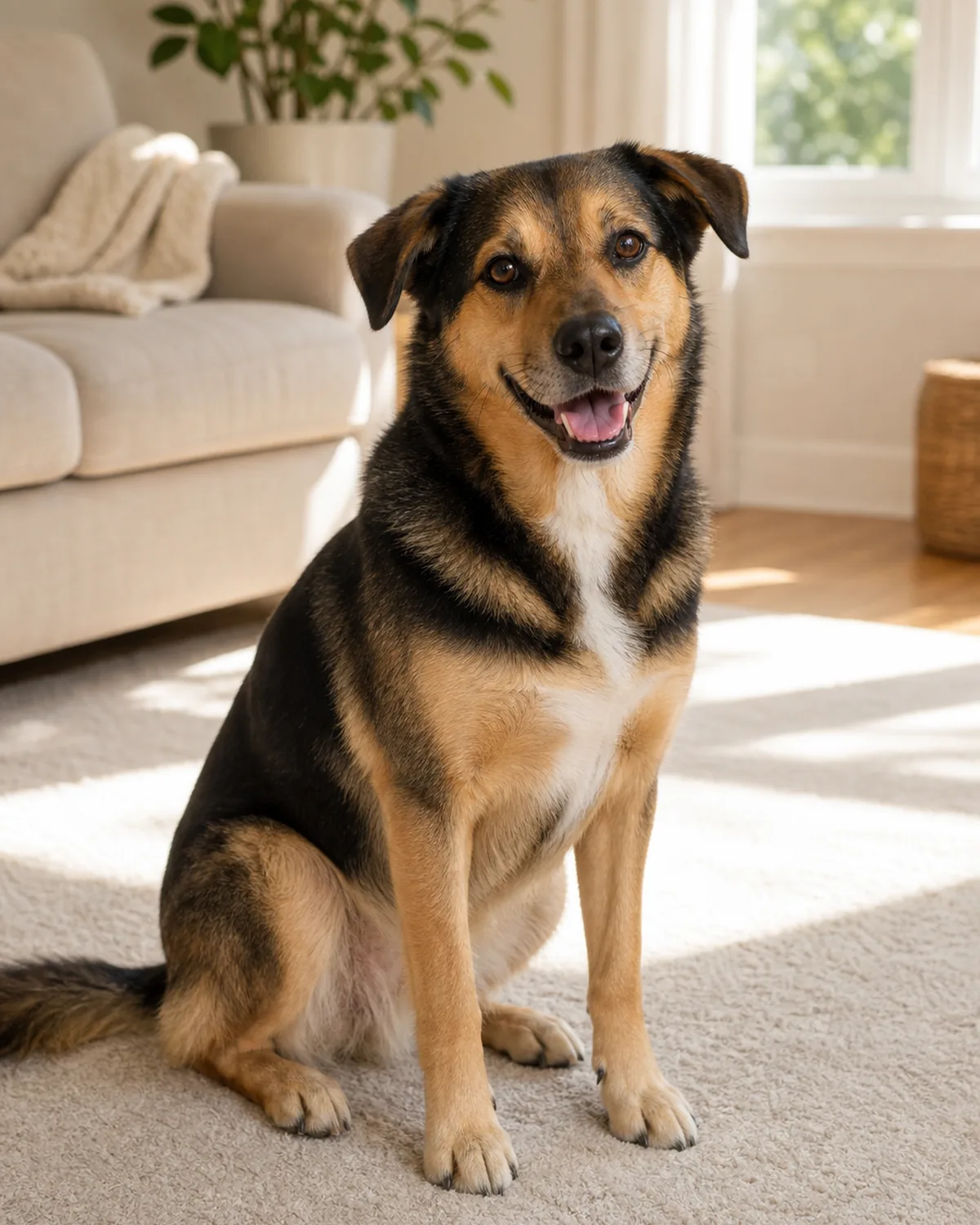 A fully dry, freshly bathed, soft and fluffy dog sitting calmly and contentedly in a bright sunlit living room, looking relaxed and at ease, bath time clearly over and no big deal
