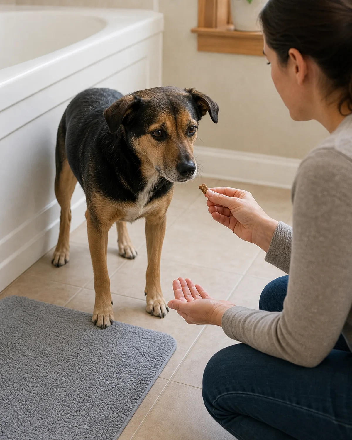 A slightly hesitant dog standing just outside an empty tub while a person crouches calmly at its level offering a treat and a reassuring hand, non-slip mat ready, gentle patient body language
