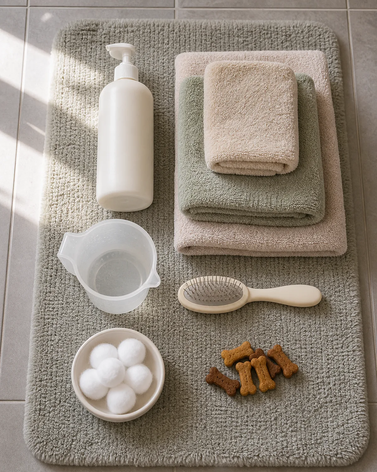 A neat arrangement of dog-bathing supplies on a bathroom floor: a plain unlabeled shampoo bottle, folded towels, a plastic rinsing cup, a soft brush, a dish of cotton balls, and a few treats