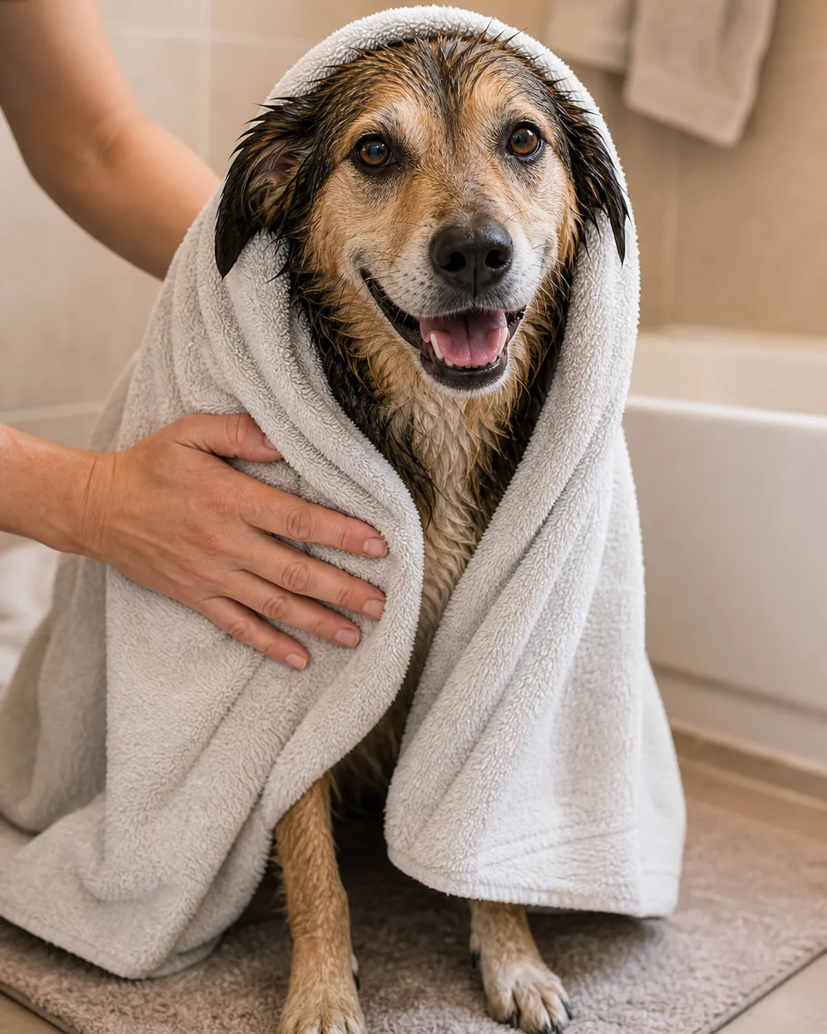 A freshly bathed wet dog being wrapped and gently patted dry in a big fluffy towel, its happy head poking out, a person's hands pressing the towel softly rather than rubbing, warm bathroom