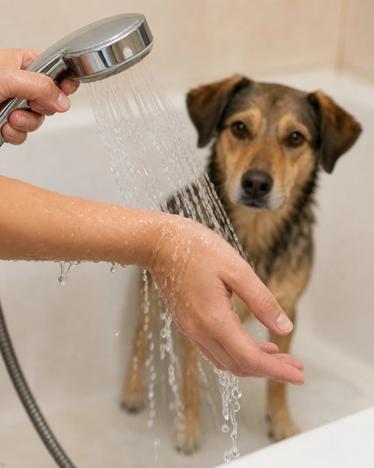 A close view of a person's hand testing the temperature of lukewarm water running from a handheld shower sprayer over their wrist, gentle clear water, a calm dog waiting softly out of focus behind