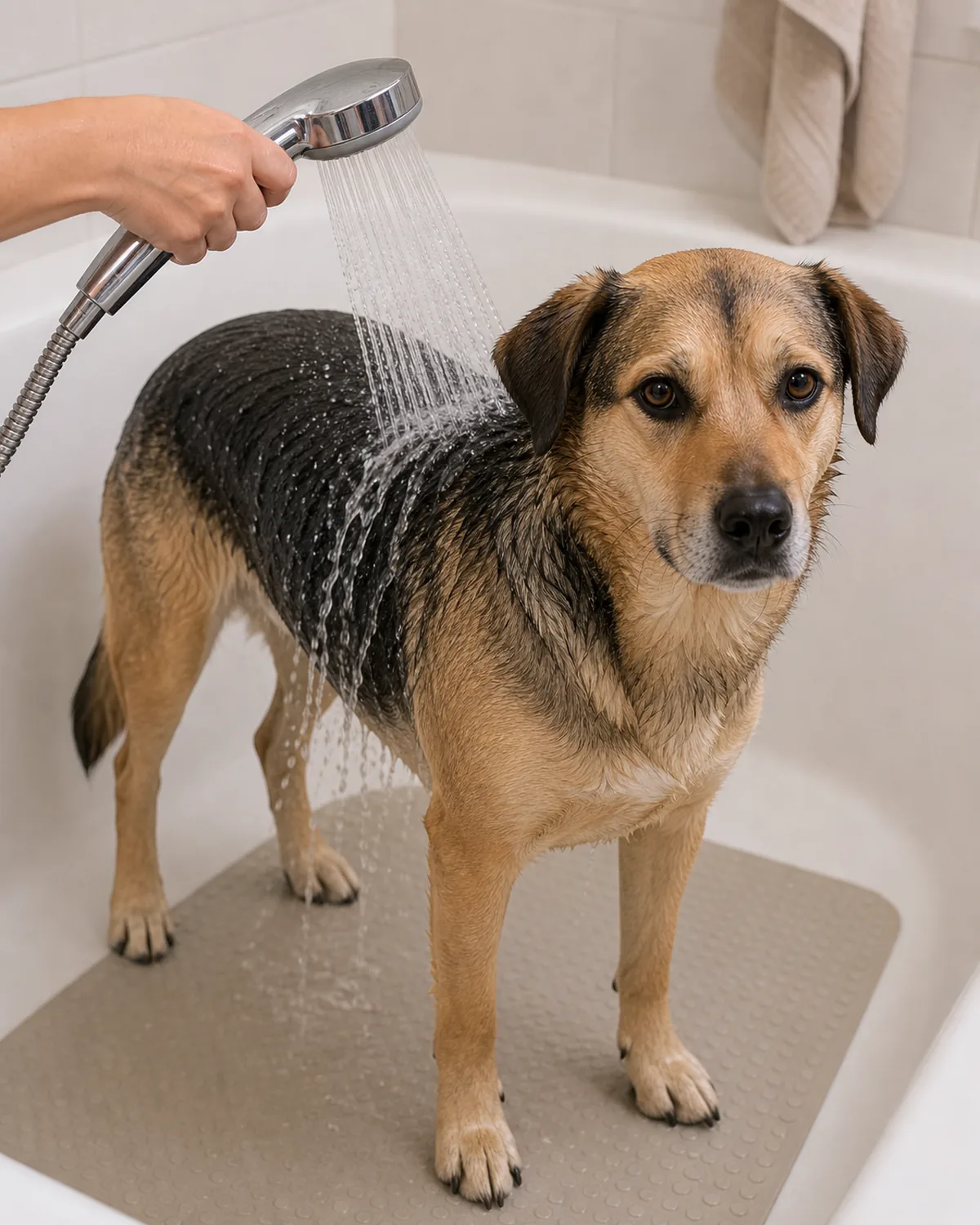 A calm dog standing in the tub while a handheld sprayer wets its coat starting at the neck and shoulders and running down the back, fur visibly going from dry to wet, no suds yet