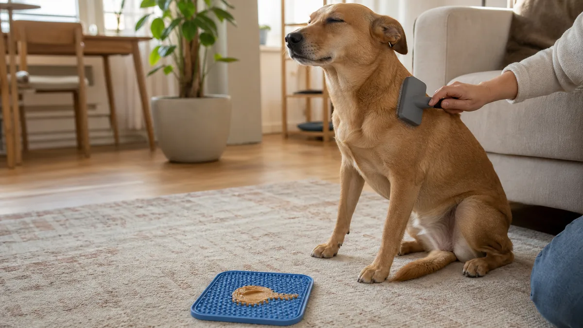 A relaxed tan dog sitting on a living-room rug and leaning into a soft slicker brush held by a person's hand, with a peanut-butter lick mat on the floor in front of it