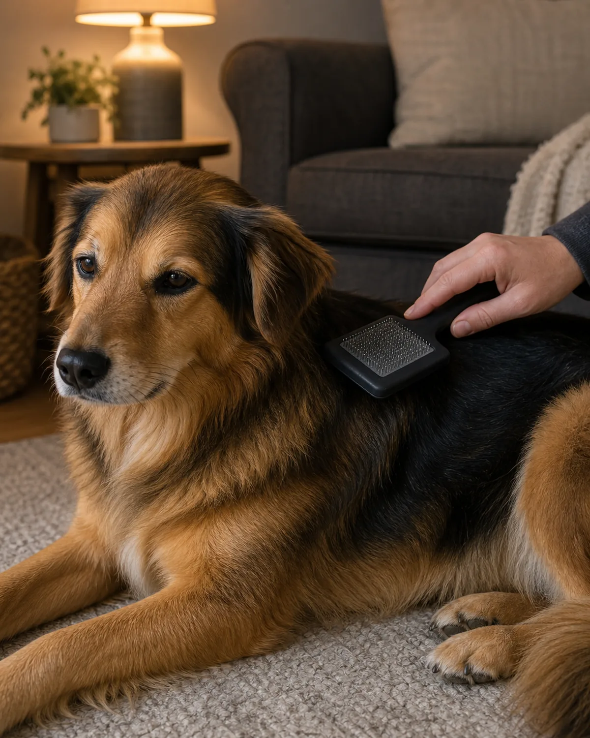 A hand gently resting a brush flat against the back of a relaxed long-coated dog lying down, not stroking, in warm lamp light