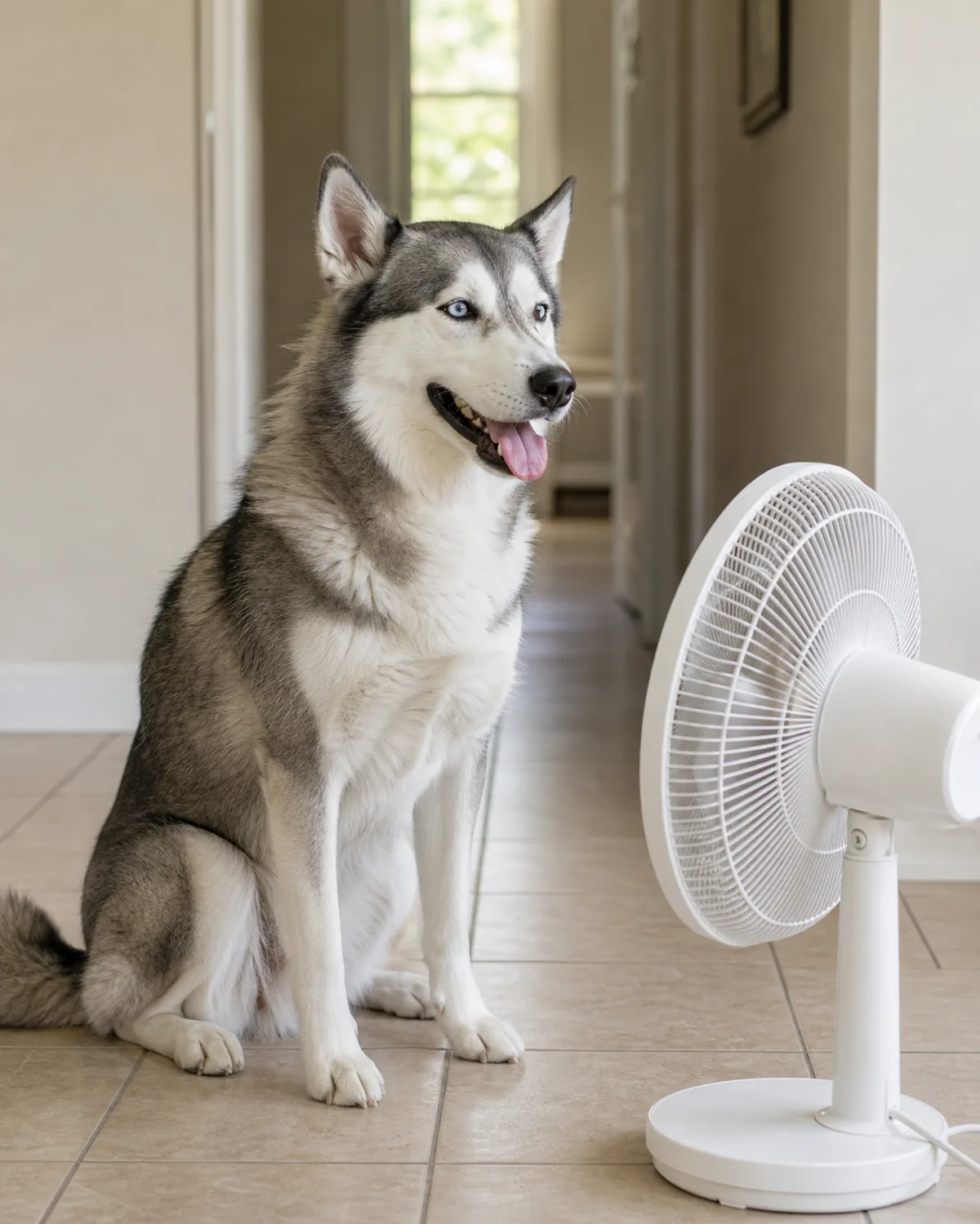 A medium athletic grey-and-white masked thick-double-coat erect-triangular-ear bushy-tail husky-shape dog sitting calmly indoors on porcelain tile in front of a plain neutral white floor fan running on low, mouth open in a relaxed cool tongue-out cooling pose