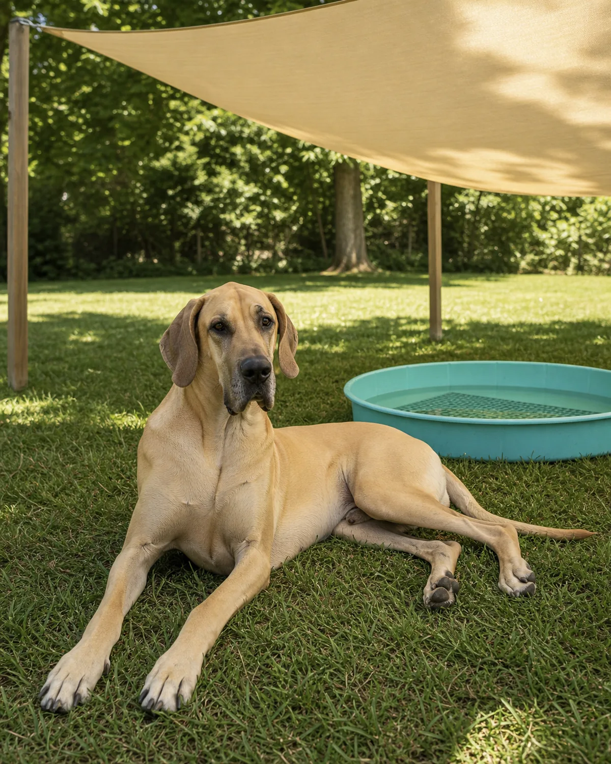 A giant lean fawn smooth-coated long-leg long-neck floppy-thin-ear great-dane-shape dog lying calmly in deep shade on backyard grass beside a plain solid light-teal shallow kiddie pool with water depth clearly under 6 inches and a plain non-slip rubber mat visible inside, under a structural plain cream shade sail stretched between two posts
