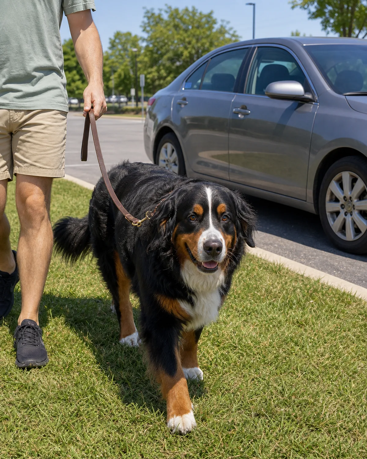 A large sturdy tricolor clean-black-body rust-eyebrows-cheeks-leg-points clean-white-blaze-chest thick-long-coat floppy-ear gentle-face bernese-shape dog walking on a plain leash beside the owner clearly leaving a closed parked sedan in a hot bright midday parking lot, driver door clearly closed, dog clearly out of the car