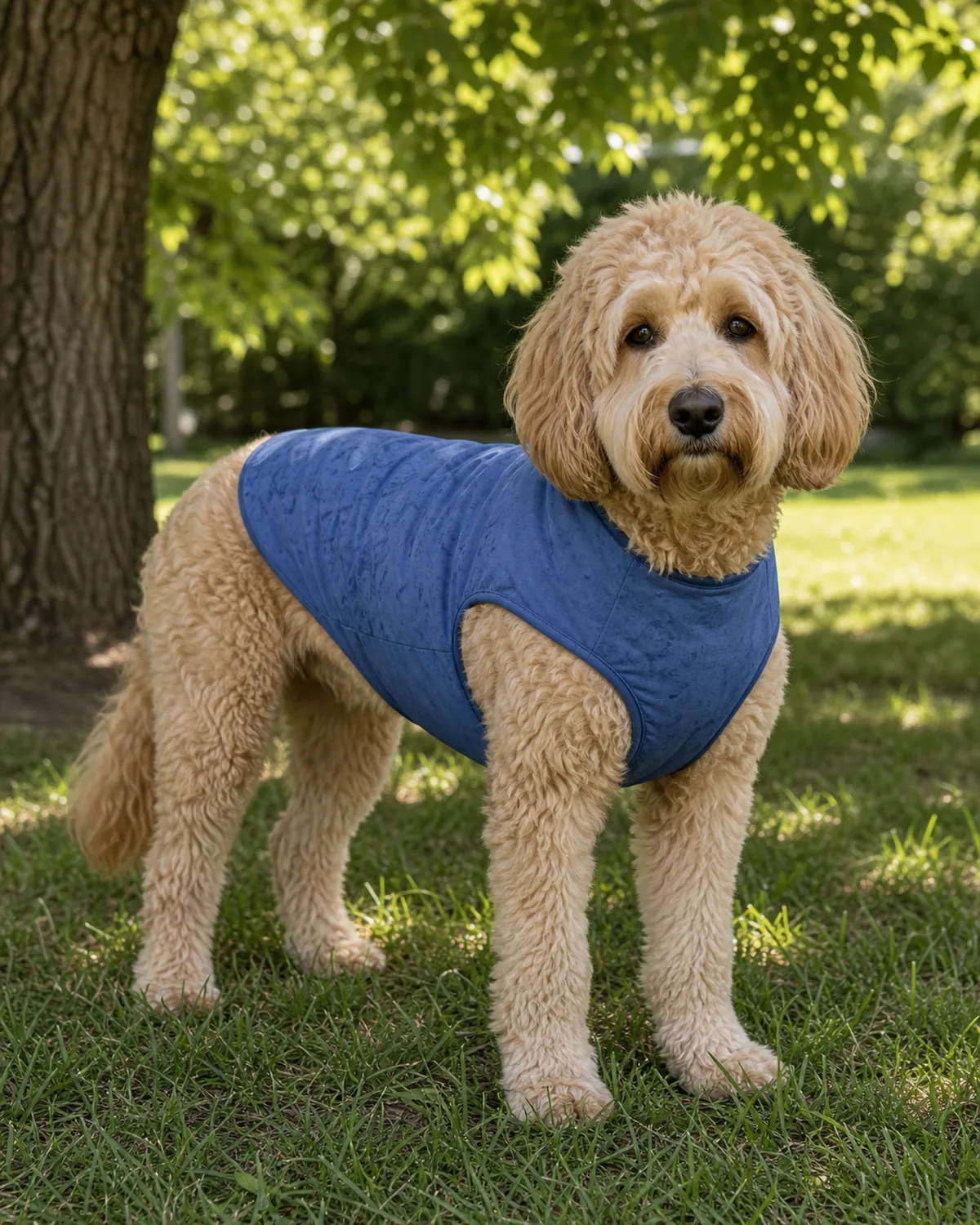 A medium soft shaggy-wavy-to-curly apricot teddy-bear-face floppy-ear rounded-body doodle-shape dog standing calmly in shaded grass wearing a properly fitted plain damp matte blue evaporative cooling vest snug on the body, fabric visibly slightly damp
