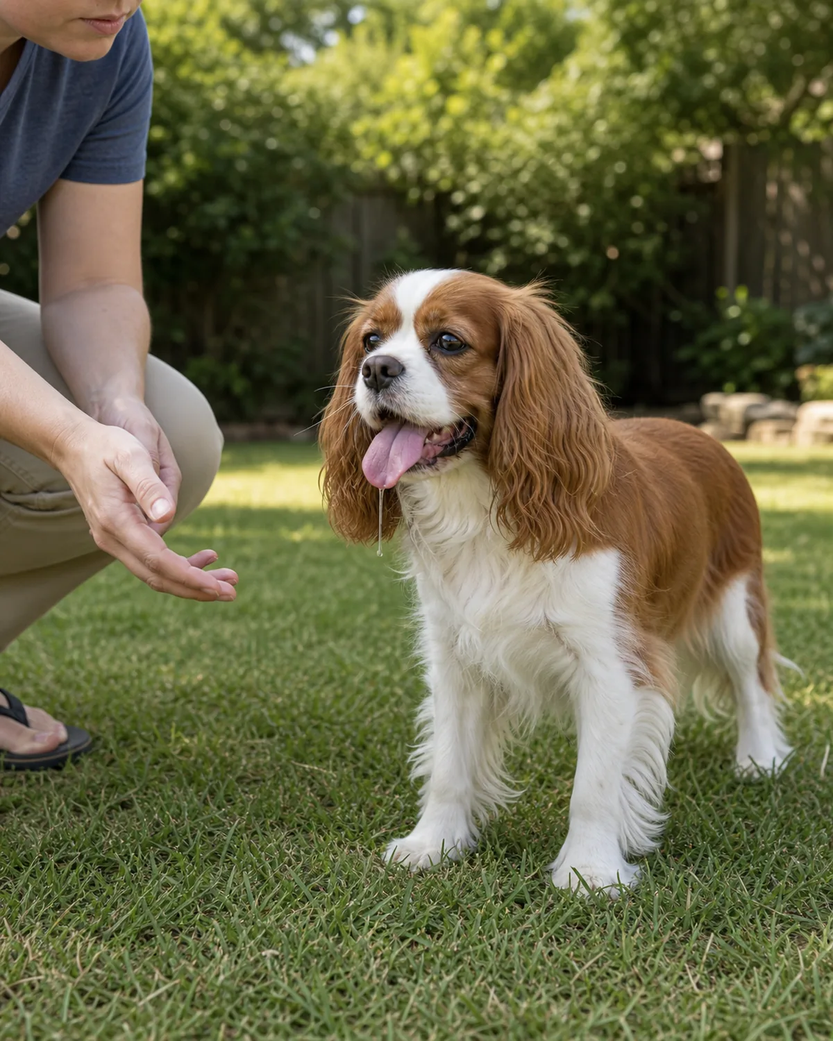 A small chestnut-and-white silky-medium-coat long-feathered drop-ear round-eyed gentle-face dog standing on backyard grass panting heavily with a thin strand of drool, owner crouching nearby with concerned half-frown and one open hand extended toward but not touching the dog as a body-cue read