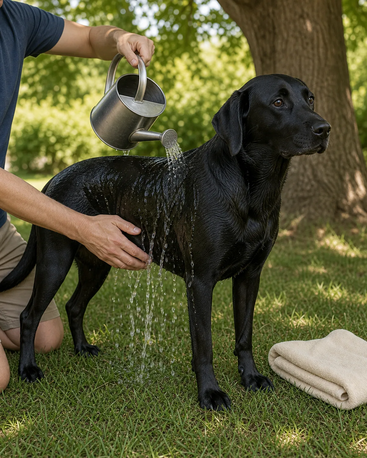 A large athletic solid jet-black short-smooth-coat floppy-ear glossy-coat dog standing calmly on shaded grass while the owner gently pours cool water from a plain matte stainless watering can over the dog's back, sides, armpits, and groin area, a folded soft cream cotton towel laid ready beside, no ice bucket and no ice pack in frame